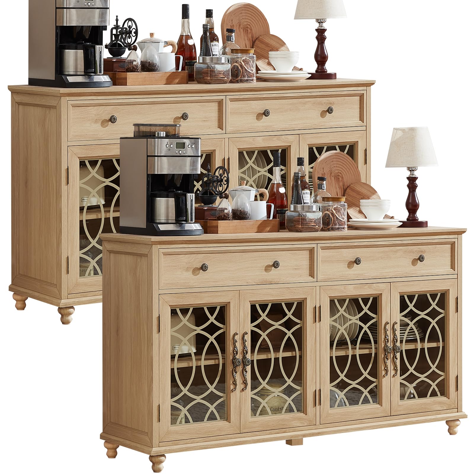Light wood sideboard buffet cabinet with four glass doors and two drawers