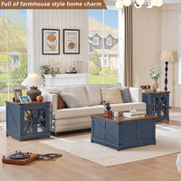 Blue wood coffee table with lift-top and hidden storage compartment, farmhouse style