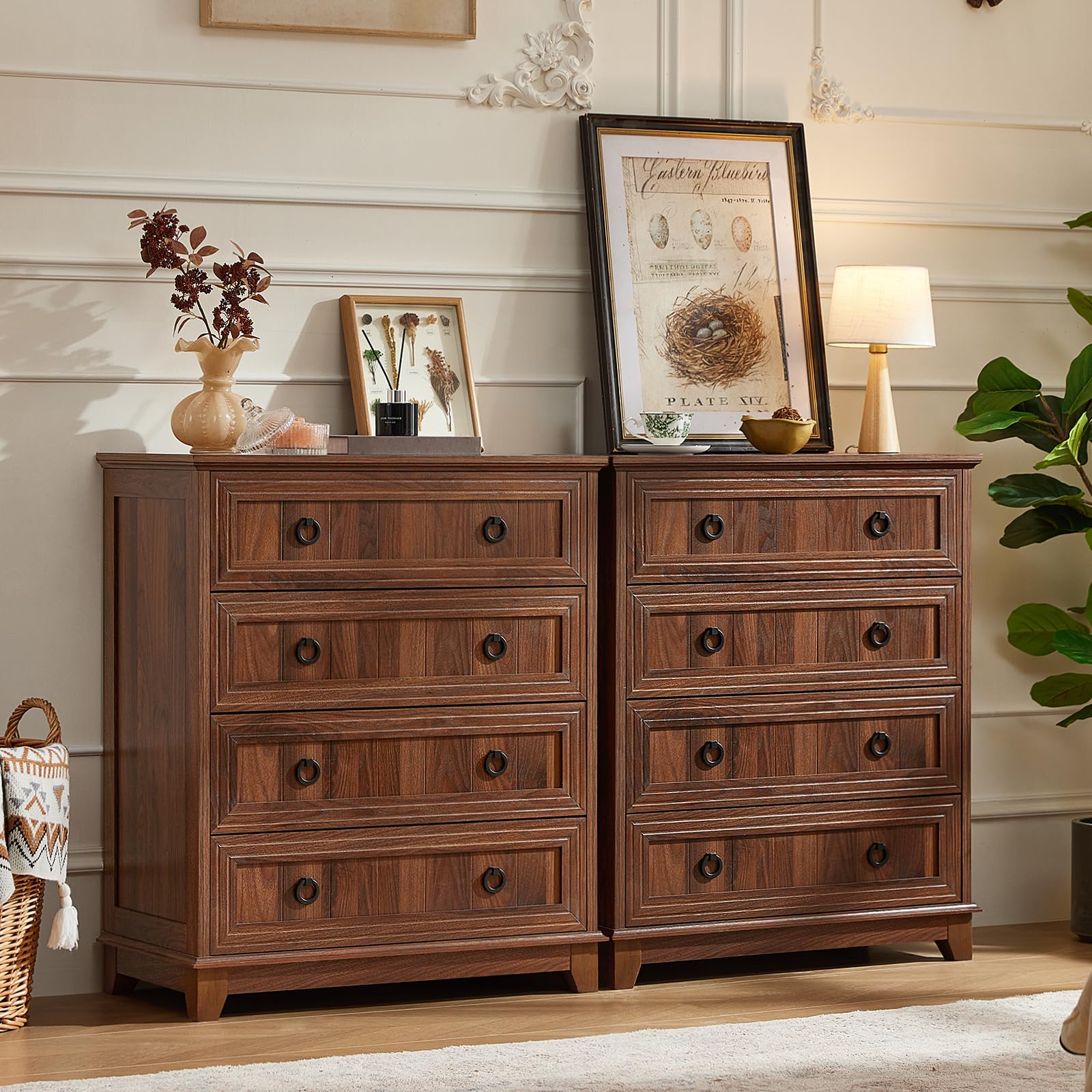 Farmhouse 5-drawer dresser in warm dark brown wood with round metal drawer knobs
