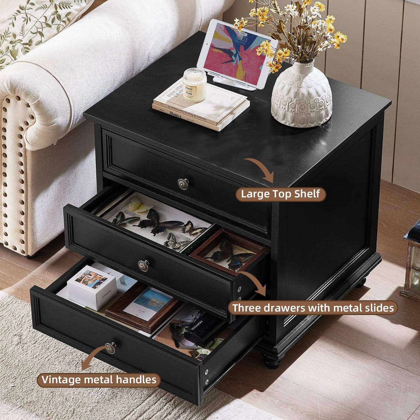 Black farmhouse storage table with large top shelf and three drawers with metal slides