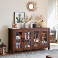 Brown wood sideboard with four glass door panels and black metal handles