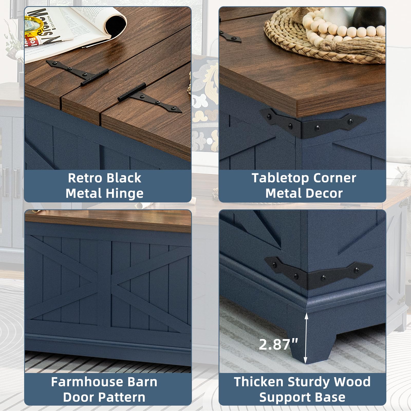 Navy blue coffee table with metal hinges and thick sturdy wood support base