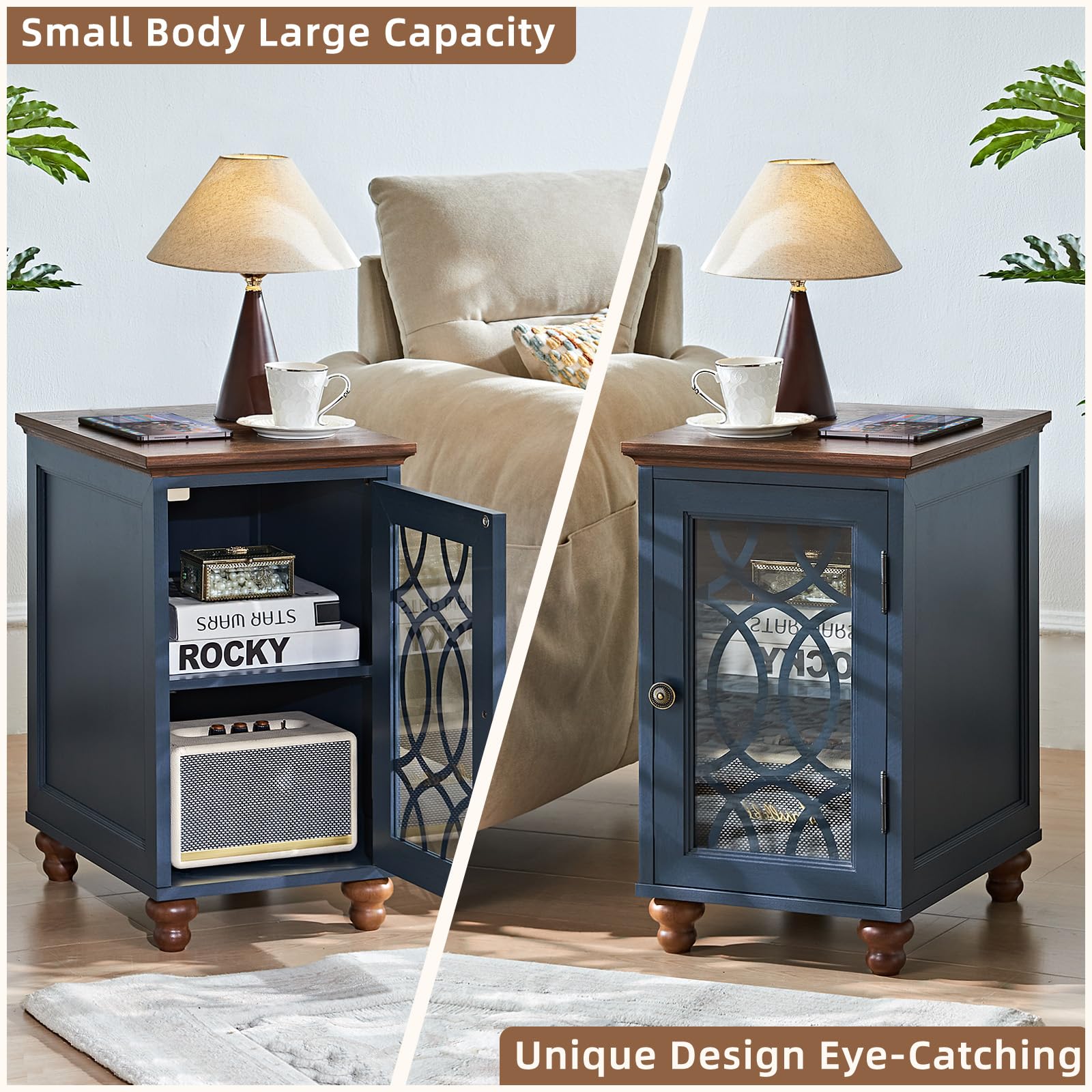 Two navy blue bedside tables with glass doors and cabinet storage for small spaces