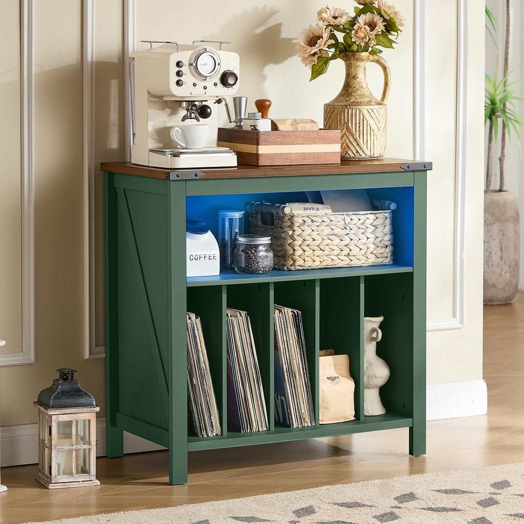 Green record player stand with blue-lit storage compartment and vinyl shelves