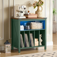 Green record player stand cabinet with glowing interior shelf for vinyl records