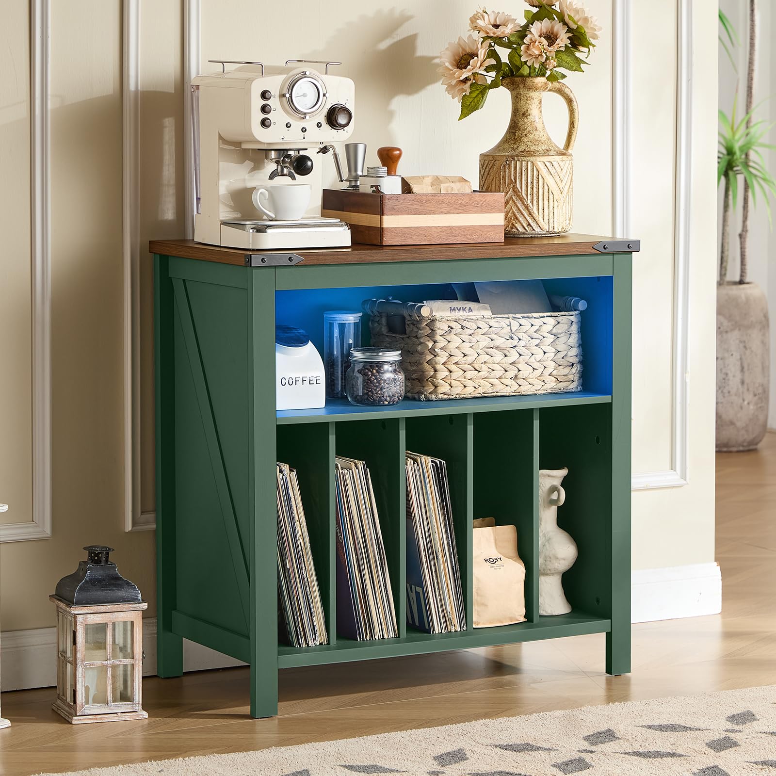 Green record player stand with blue-lit storage compartment and vinyl shelves