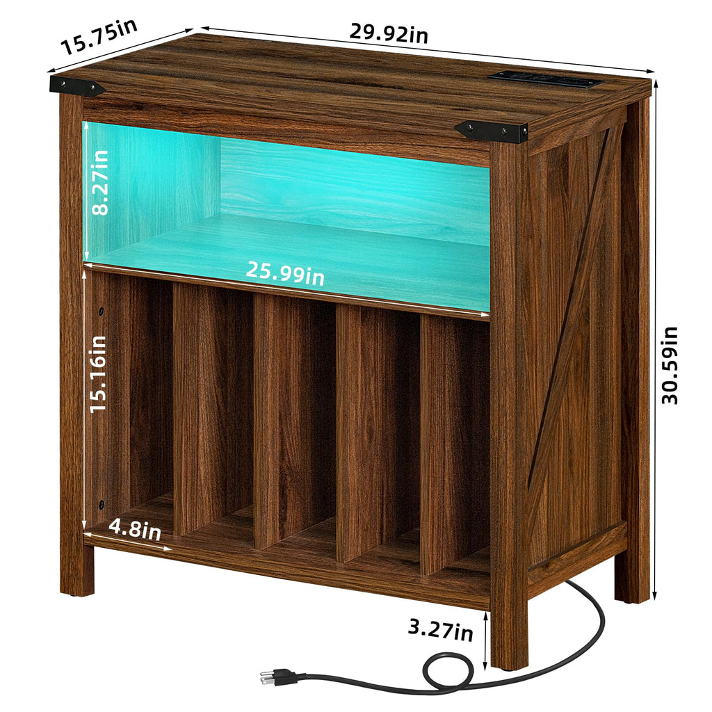 Brown record player stand cabinet with blue LED interior, open shelves, and charging cable
