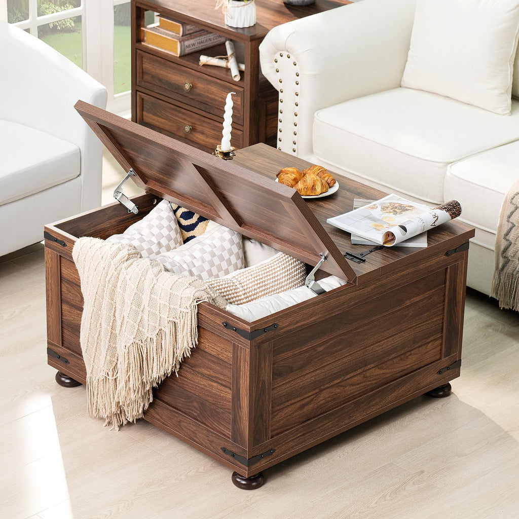 Farmhouse lift-top coffee table with visible interior storage compartment and wooden legs