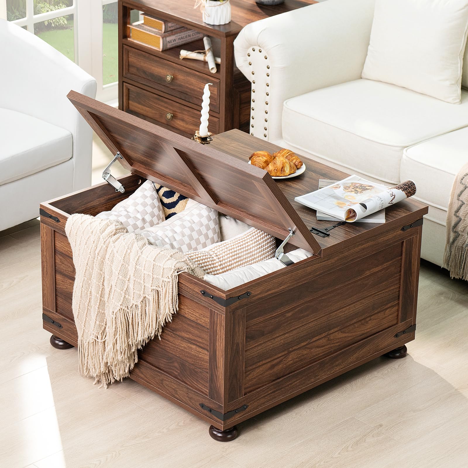 Farmhouse lift-top coffee table with visible interior storage compartment and wooden legs