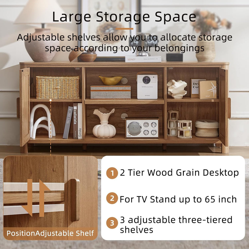 Wood TV console with open shelves and two cabinet doors for media storage
