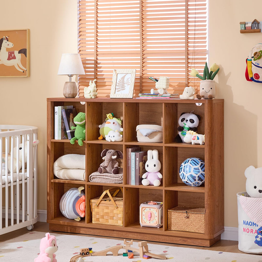 Natural wood 8-cube cubby bookcase with open shelves holding toys and bins