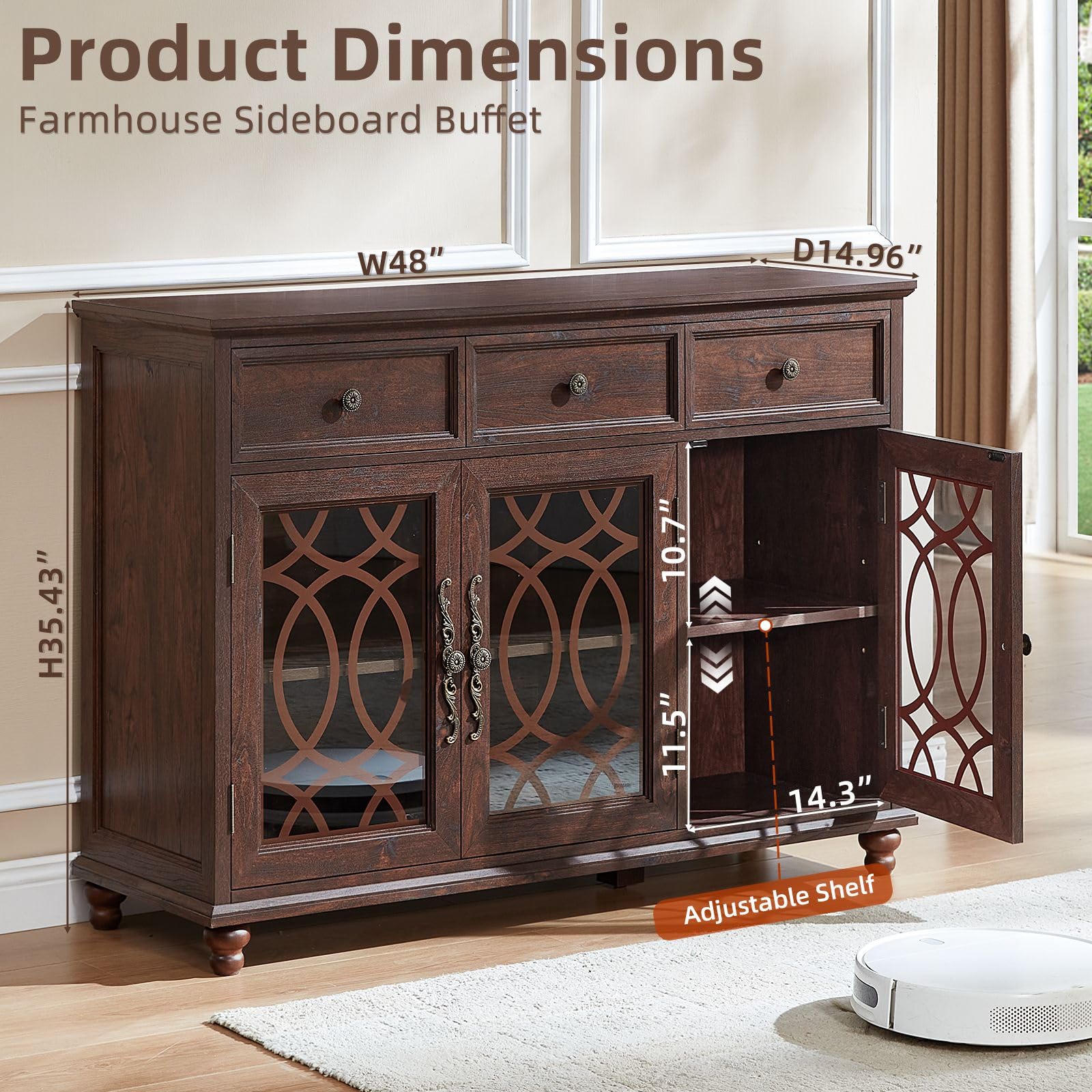 Brown farmhouse sideboard buffet with 2 glass doors, 2 drawers, adjustable shelf