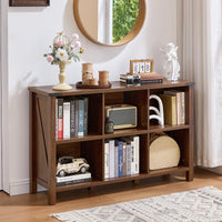 Brown wood low storage bookcase with open cubbies and display shelves on legs