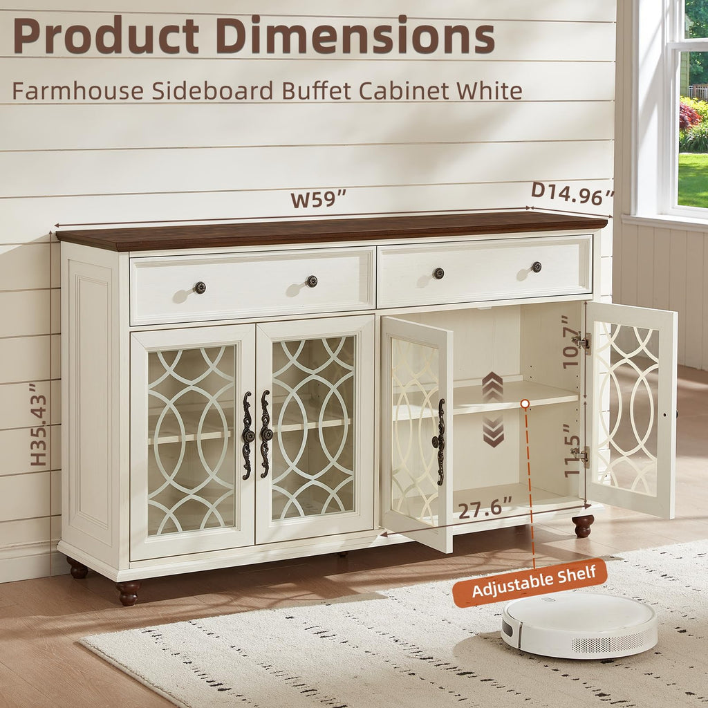White farmhouse sideboard buffet with 3 glass-front doors and 2 drawers, adjustable shelf