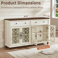 White farmhouse sideboard buffet cabinet with two open doors, arched lattice panels and adjustable shelf