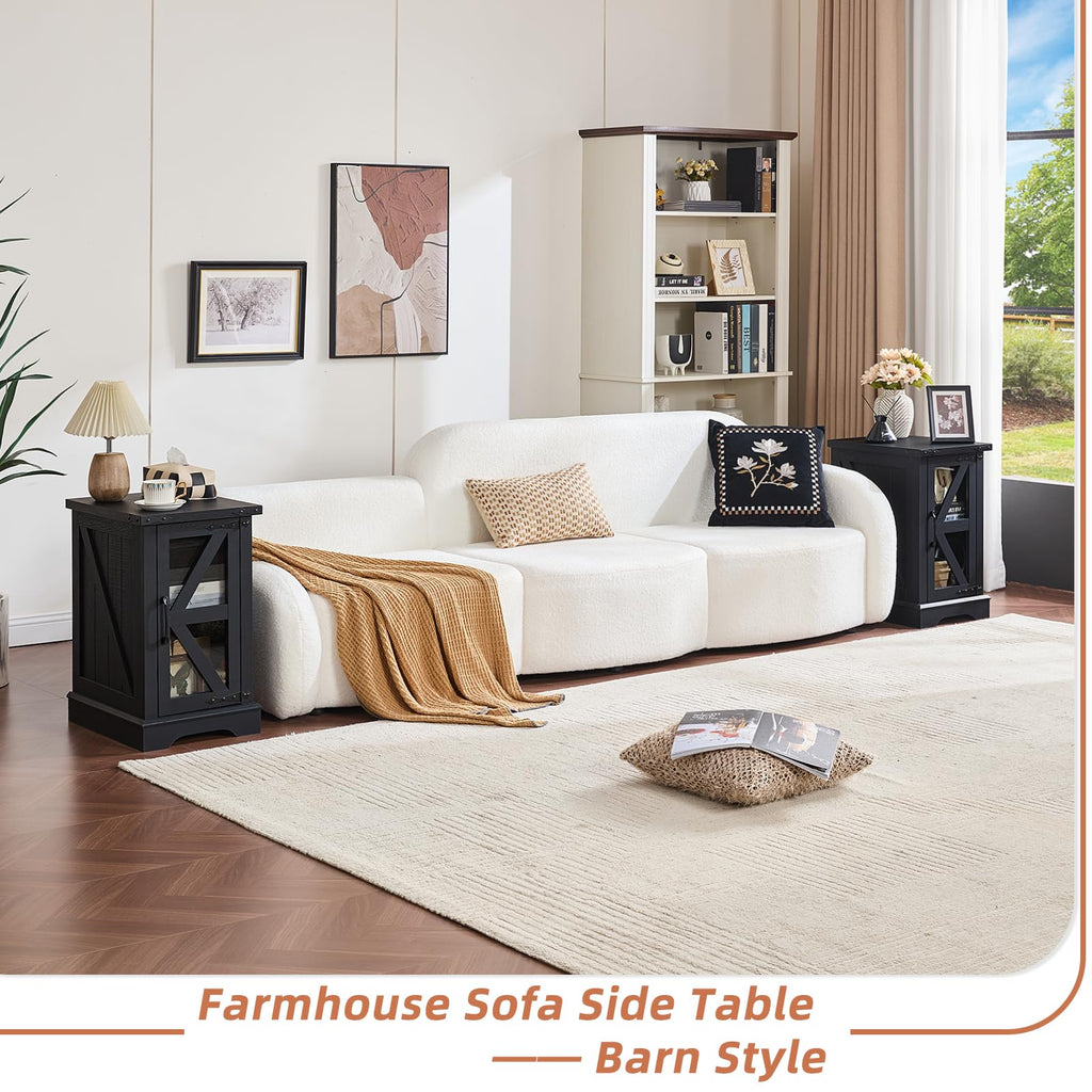Black farmhouse sofa side table with cabinet storage and lift-top opening