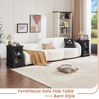 Black farmhouse sofa side table with cabinet storage and lift-top opening