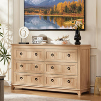 Medium wood 6-drawer dresser with black knobs and farmhouse-style drawer paneling