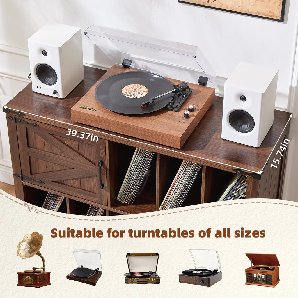 Wood record player cabinet with turntable top and open shelves for vinyl records.