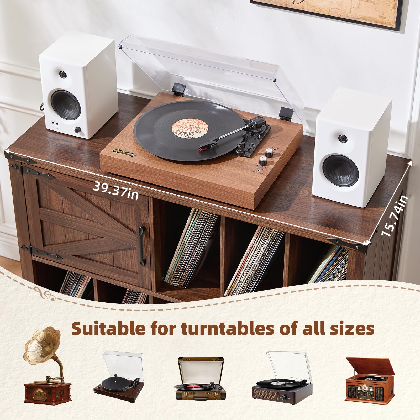 Wood record player cabinet with turntable top and open shelves for vinyl records.
