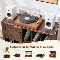 Wood record player cabinet with open shelves for vinyl records and turntable top