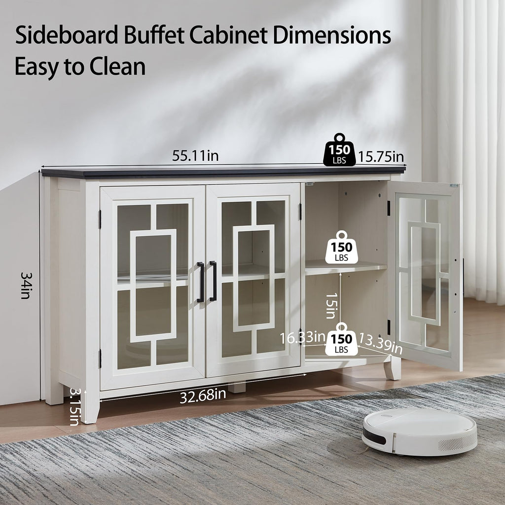 White sideboard buffet cabinet dimensions view with two glass doors and adjustable shelves