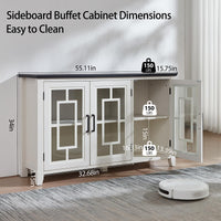 White sideboard buffet cabinet with double doors, open shelves, and multiple adjustable levels.