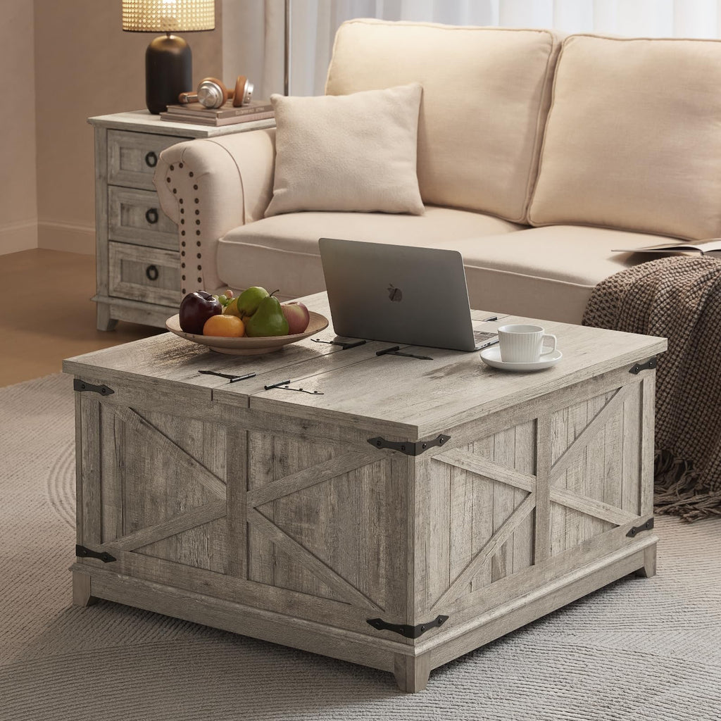 Light rustic wood square coffee table with hinged lift top and hidden storage closed