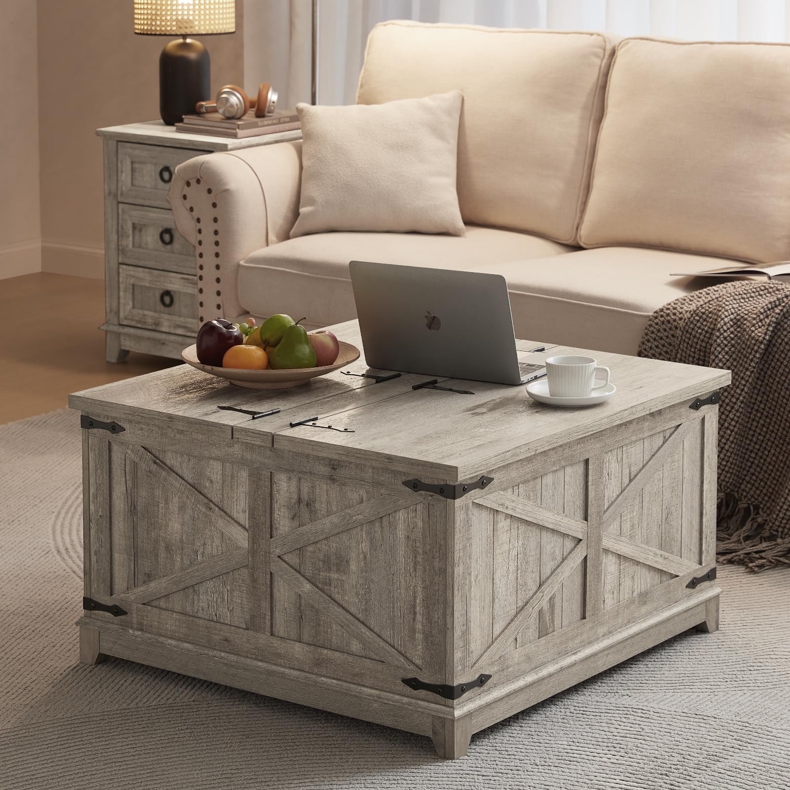 Light rustic wood square coffee table with hinged lift top and hidden storage closed