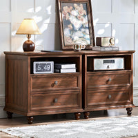Brown wood 5-drawer dresser with round knobs and two lamps on top
