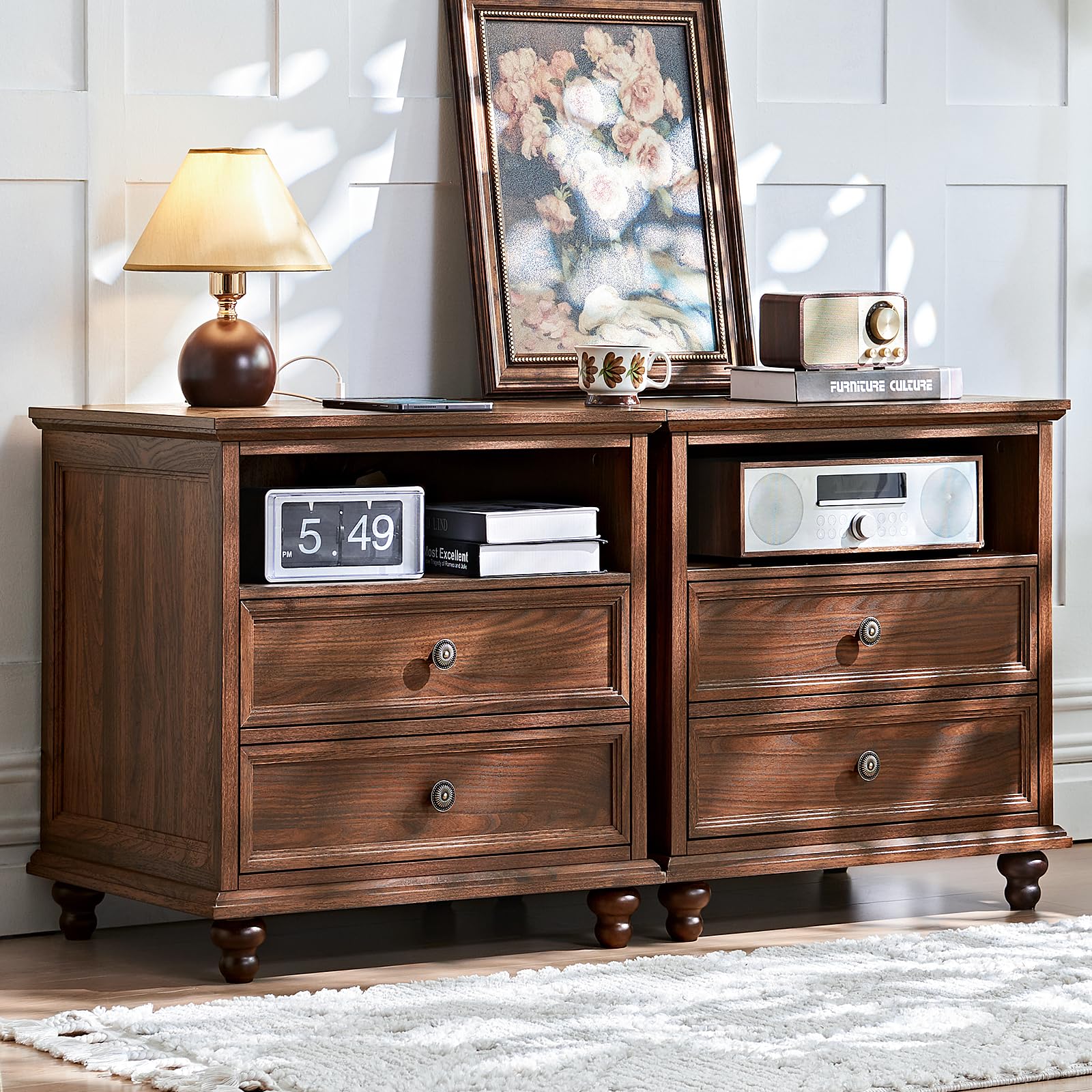 Farmhouse 5 Drawer Dresser for Bedroom, 45" Tall Rustic Chests of Drawers w/ 4 Solid Wood Feet, Mid Century Modern Wooden Closet Storage Dressers Organizer for Living Room, Hallway, Navy Blue