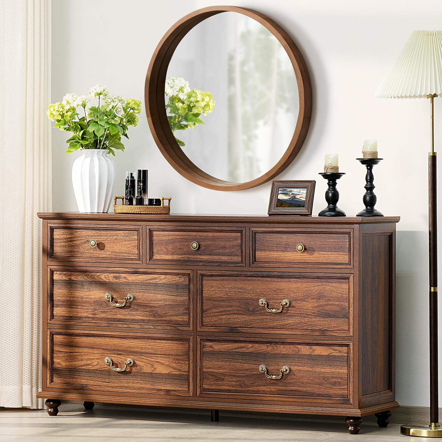 Farmhouse 54" 7 Drawers Dresser for Bedroom, Wide Chest of Drawers w/ 4 Wooden Legs, Vintage Rustic Large Closet Storage Dressers Organizer for Hallway, Wood TV Stand for Living Room, Blue