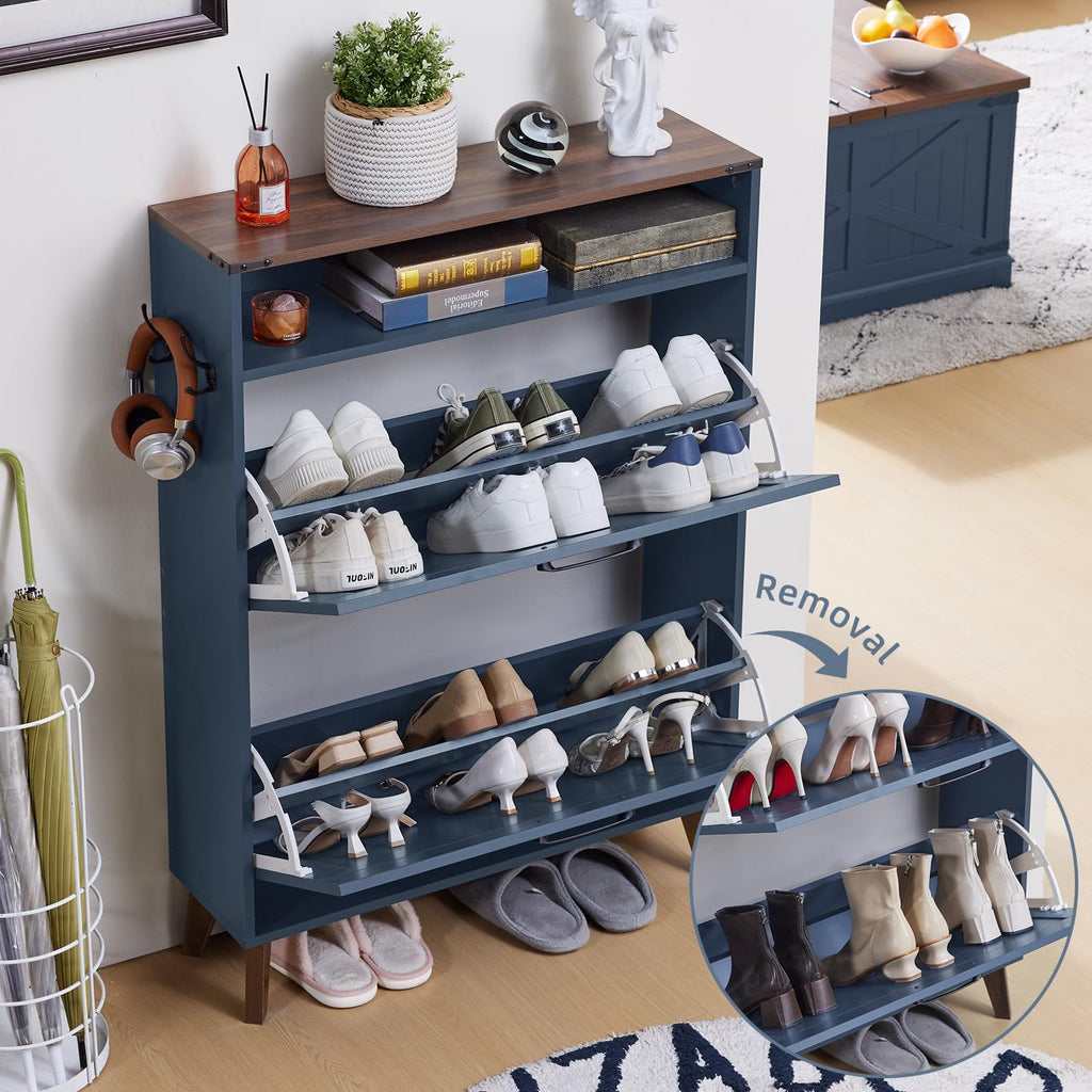 Open navy shoe cabinet with multiple tiers and removable shelf supports