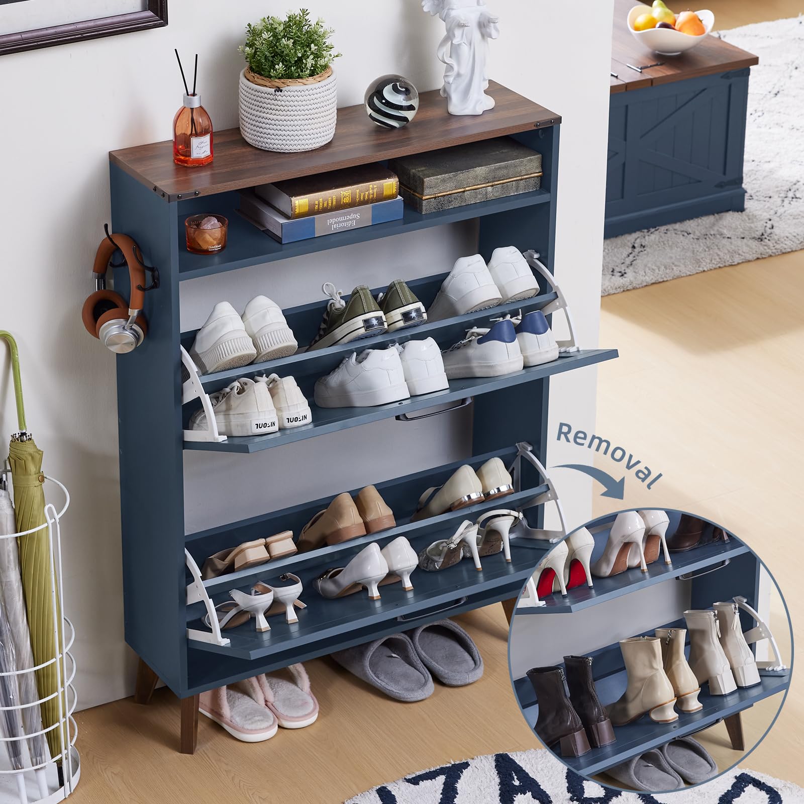 Open navy shoe cabinet with multiple tiers and removable shelf supports