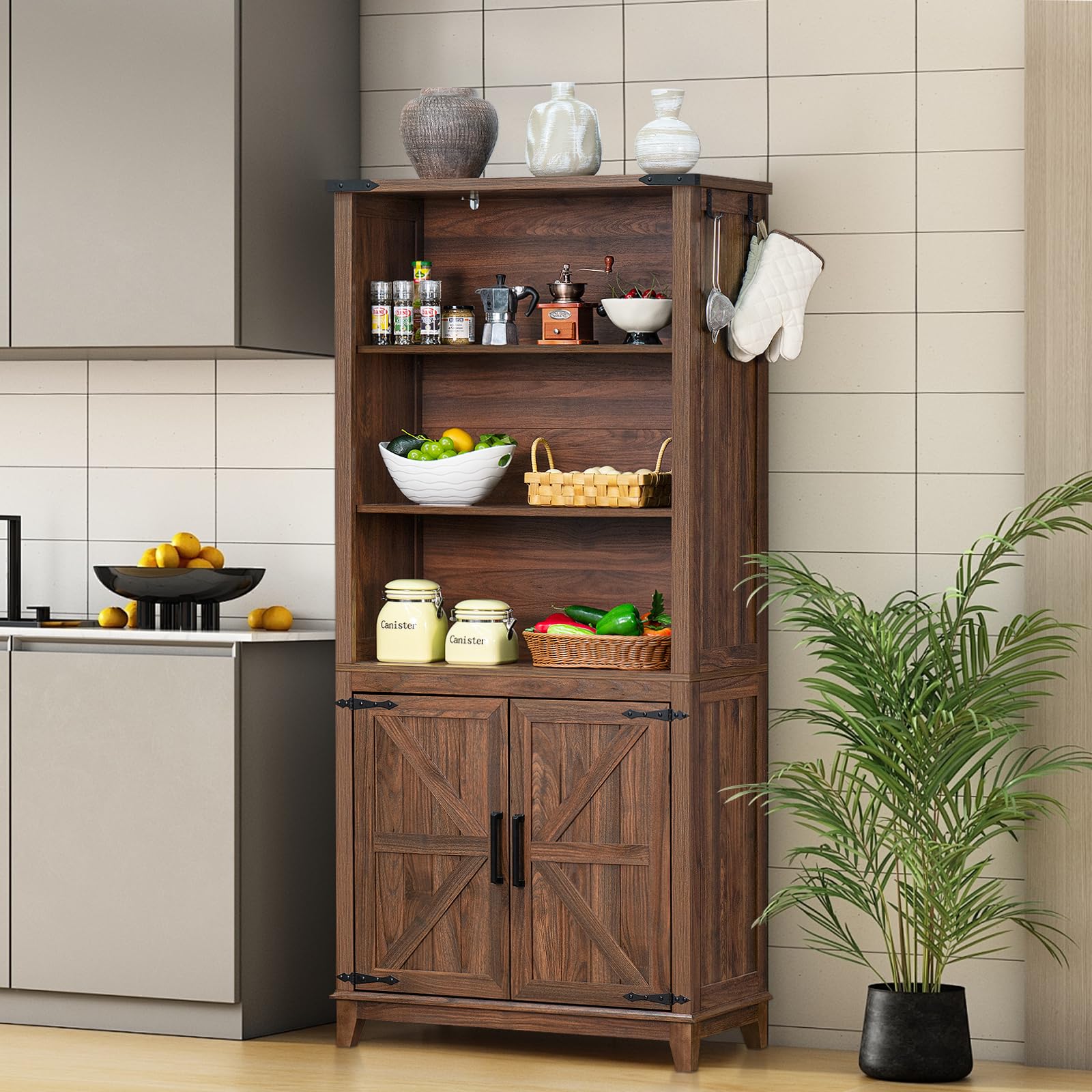 70in Tall Bookshelf 5 Tier Bookcase with Barn Doors and Adjustable Shelves, Blue Farmhouse Book Shelf with Storage Cabinet, Wood Freestanding Display Bookshelves for Bedroom, Living Room | Bookcase, Barn Doors, Adjustable Shelves, Book Shelf, Storage Cabi