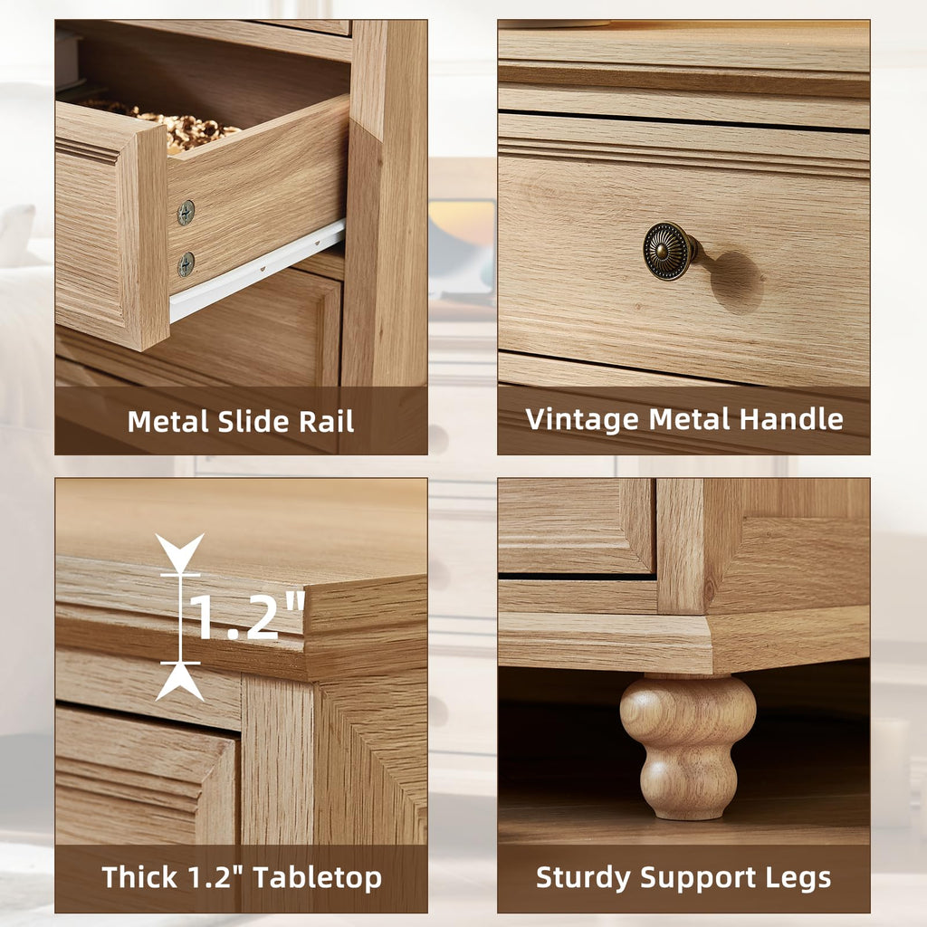 Wood dresser hardware close-up: metal slide rail, vintage handles, sturdy legs