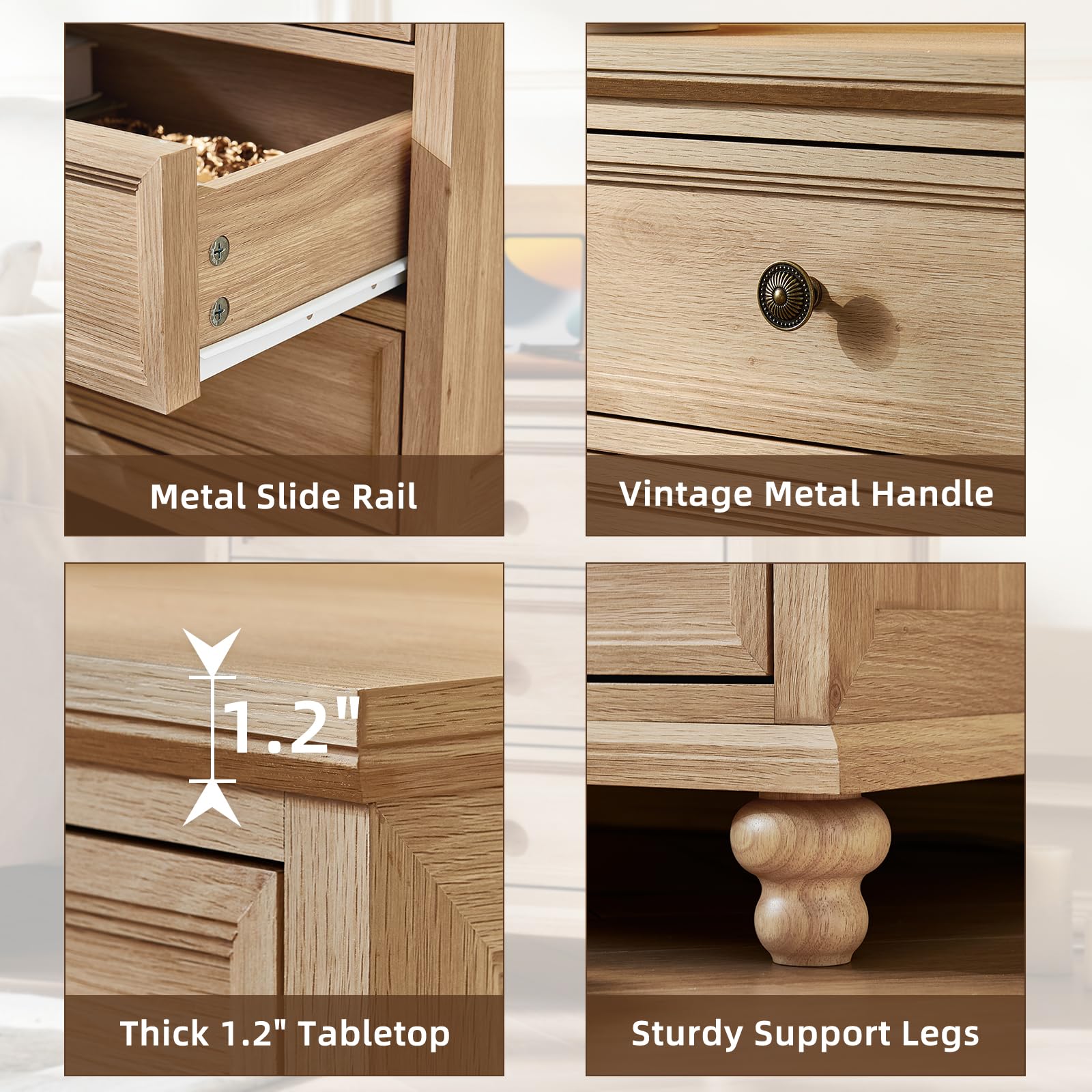 Wood dresser hardware close-up: metal slide rail, vintage handles, sturdy legs