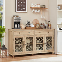 Farmhouse sideboard buffet cabinet in light wood with 3 glass door storage panels