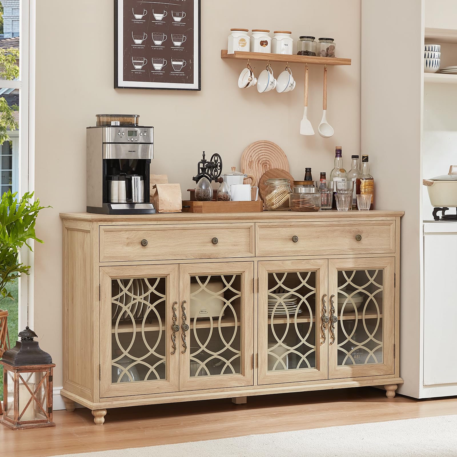 Light wood farmhouse sideboard cabinet with 2 drawers and 4 glass doors, lattice panels