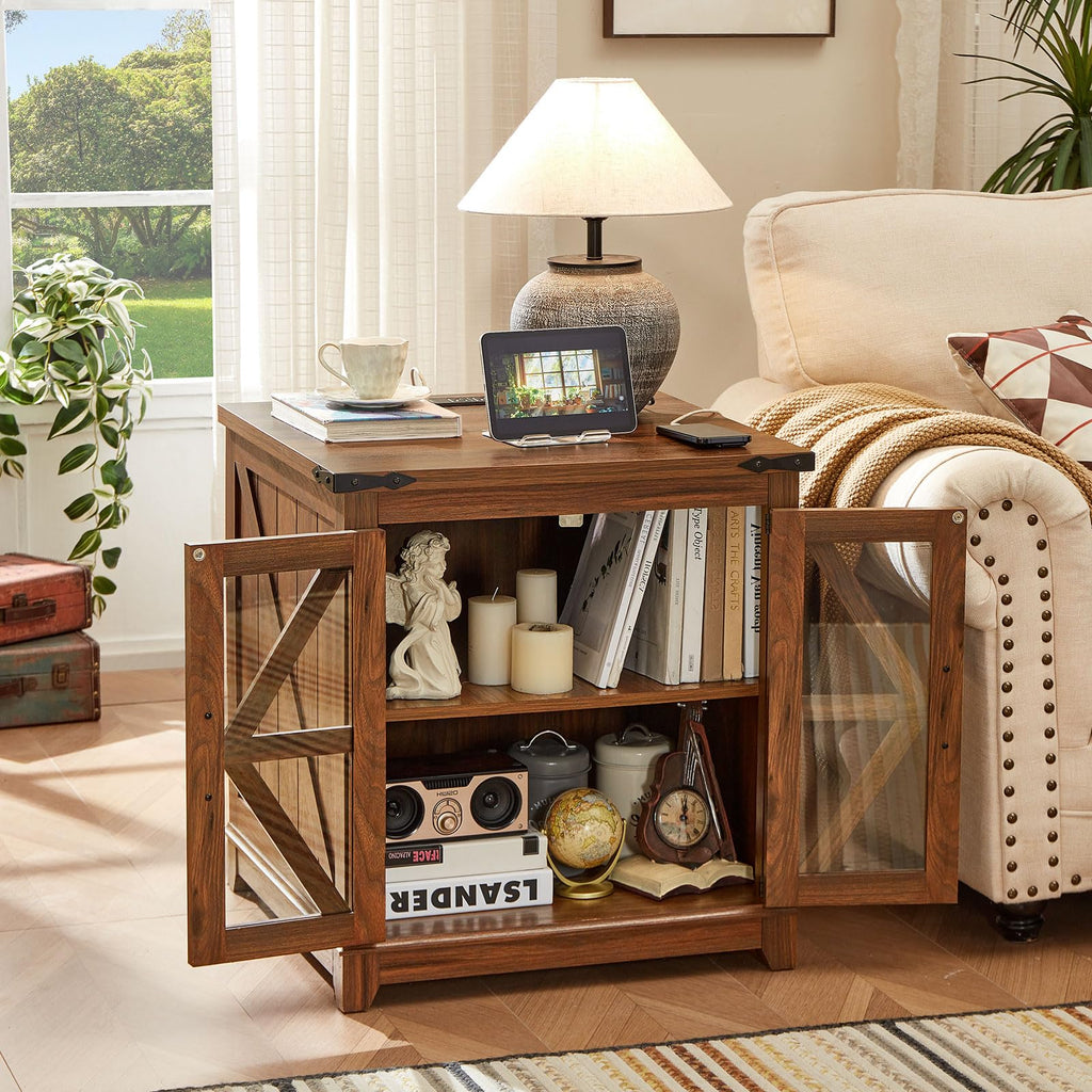 Brown farmhouse end table with black top and open display shelves behind glass doors