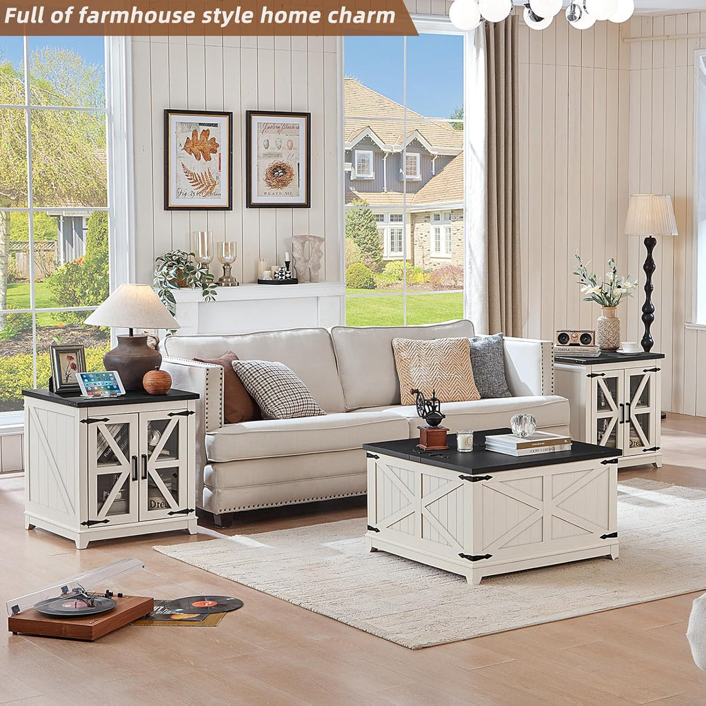 White farmhouse living room table set with two end tables and central lift-top storage