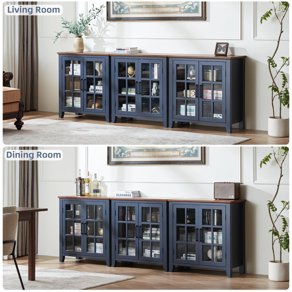 Blue sideboard buffet cabinet with multiple glass-door panels and cabinet base