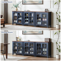 Blue sideboard buffet cabinet with glass doors and side storage drawers