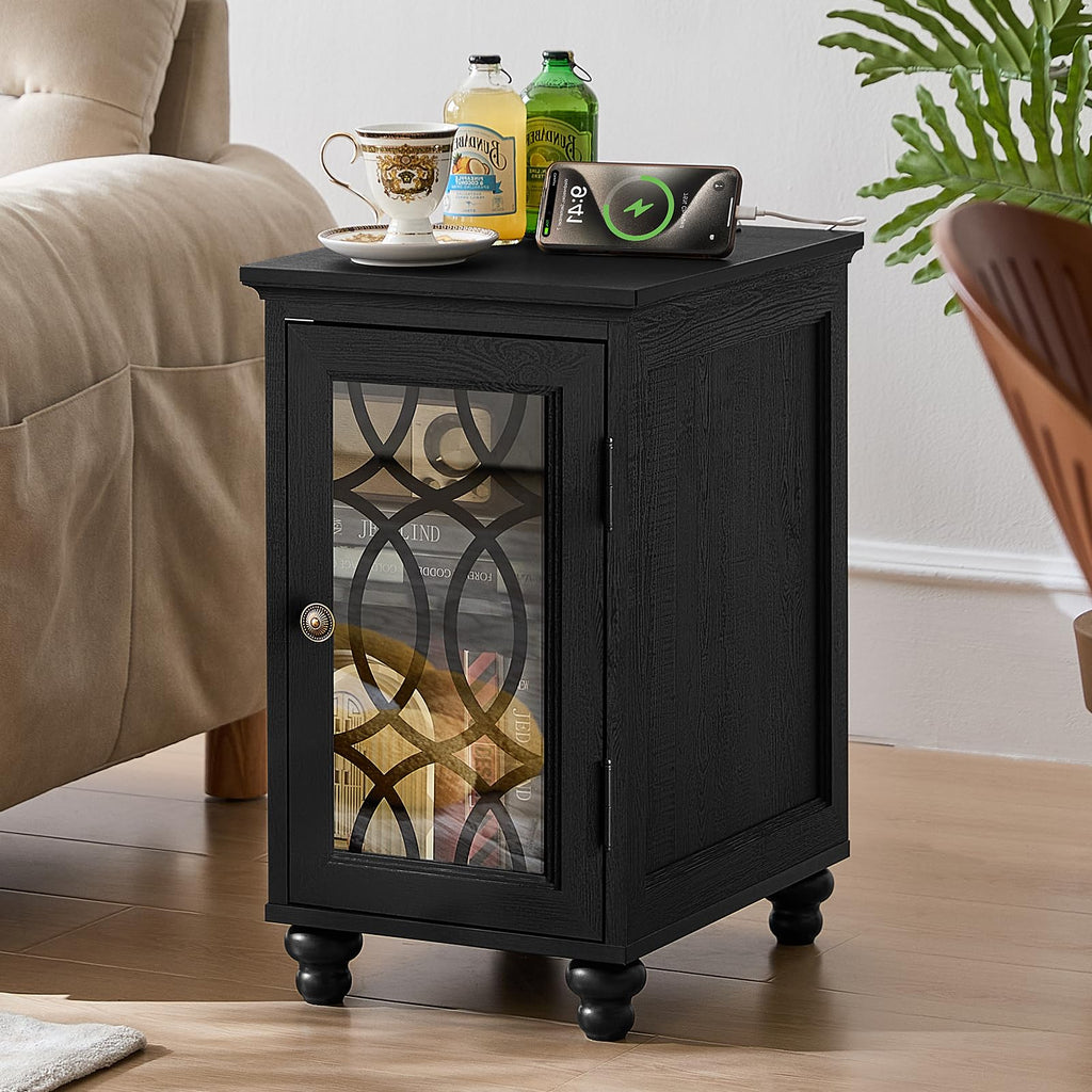 Black narrow nightstand with glass door and cabinet storage, turned feet