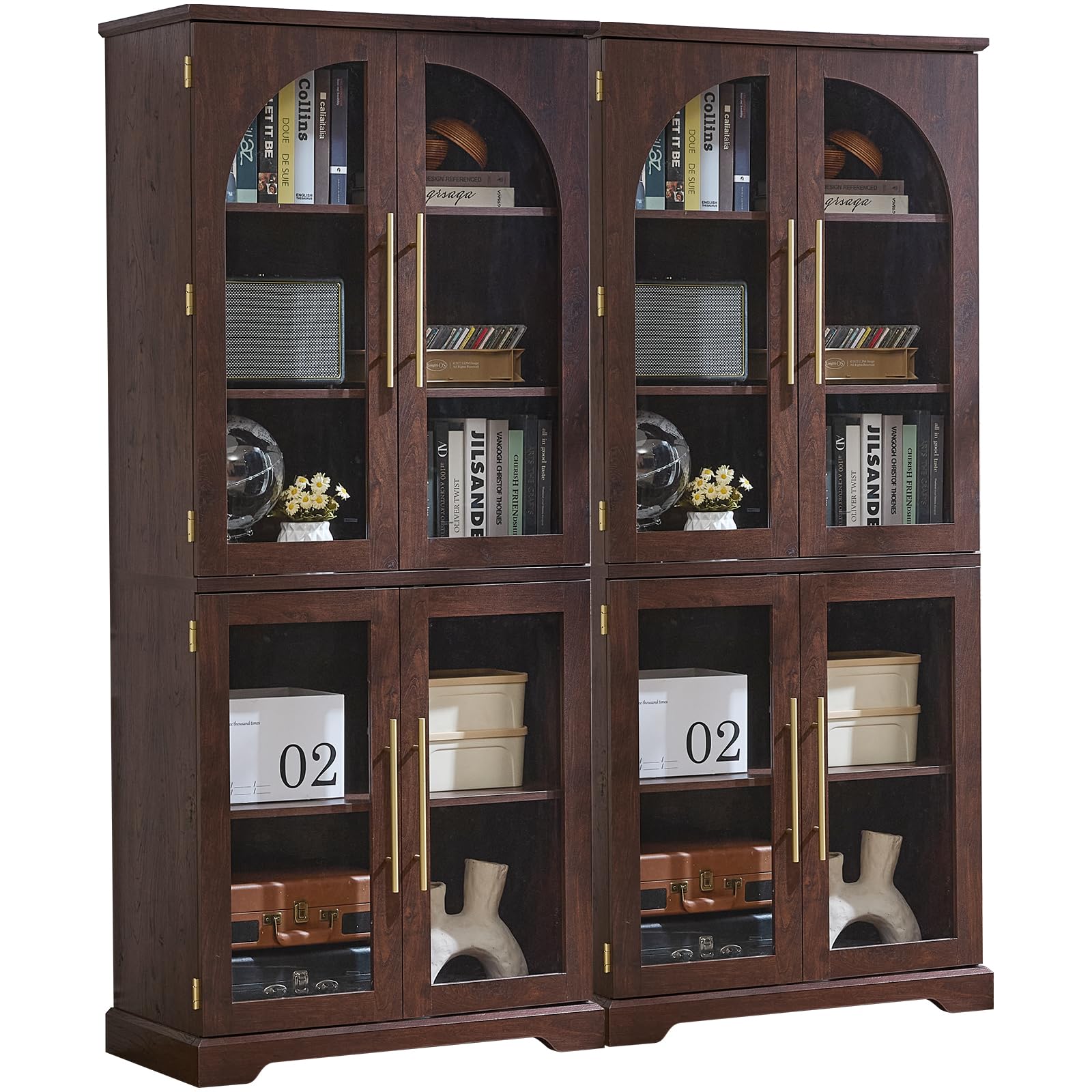 Walnut tall bookshelf with curved arched glass doors and adjustable open storage shelves
