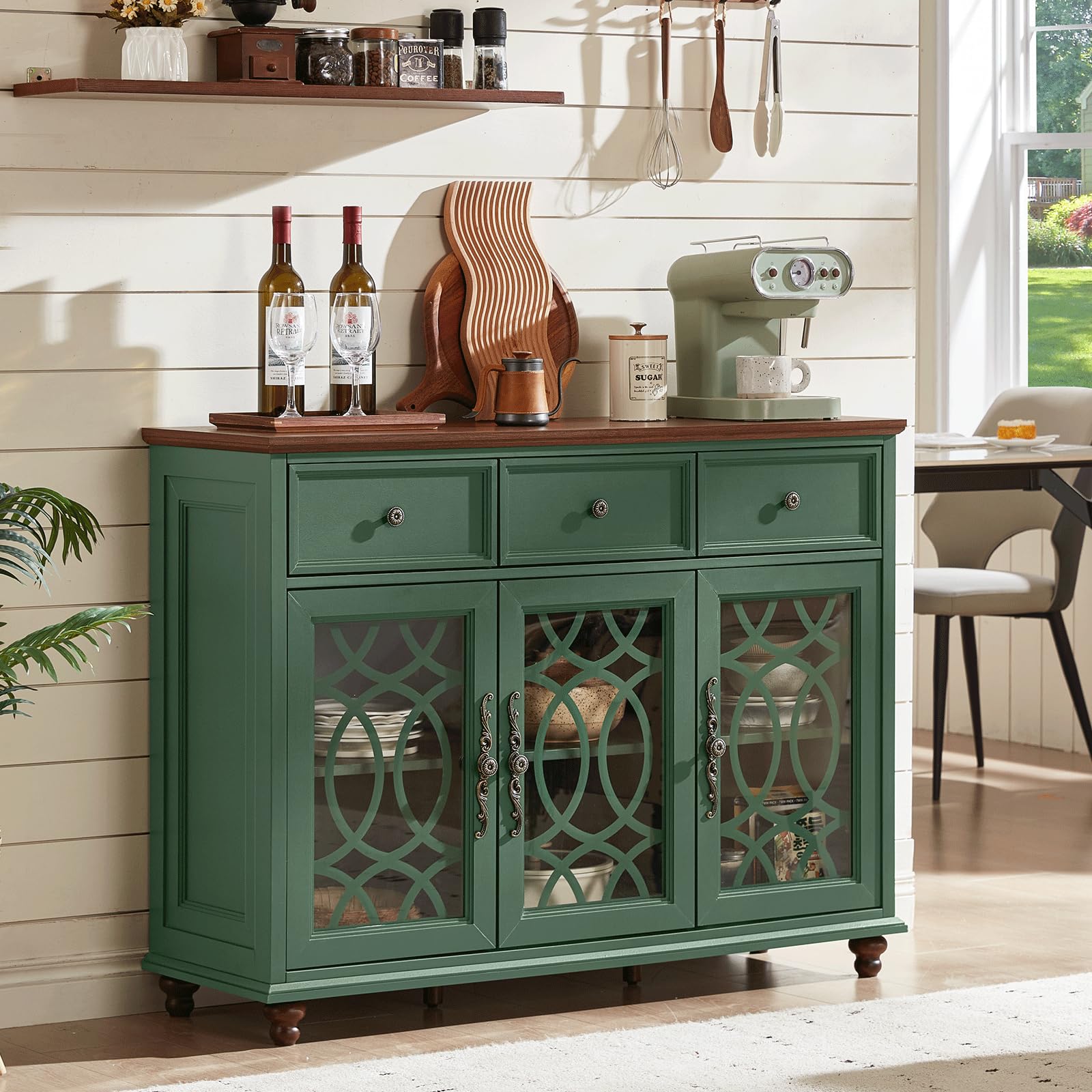 Green farmhouse sideboard cabinet with 2 drawers and 4 glass doors, lattice panels