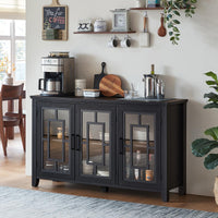 Dark gray sideboard cabinet with four glass doors and lower storage drawers