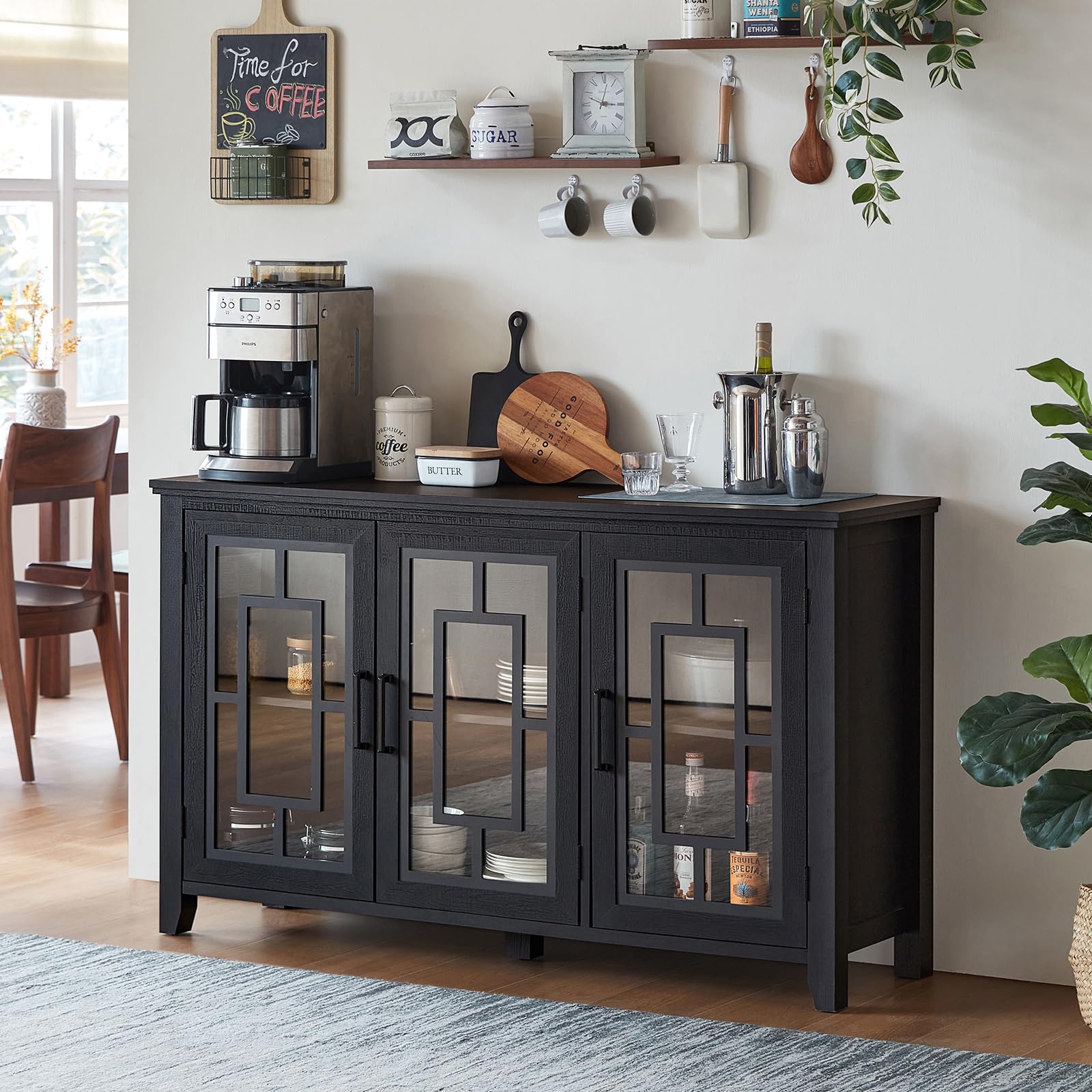Farmhouse sideboard cabinet with four glass doors, dark gray/black finish, and storage