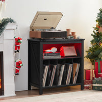 Black record player stand with red LED shelf and open cubby for vinyl records