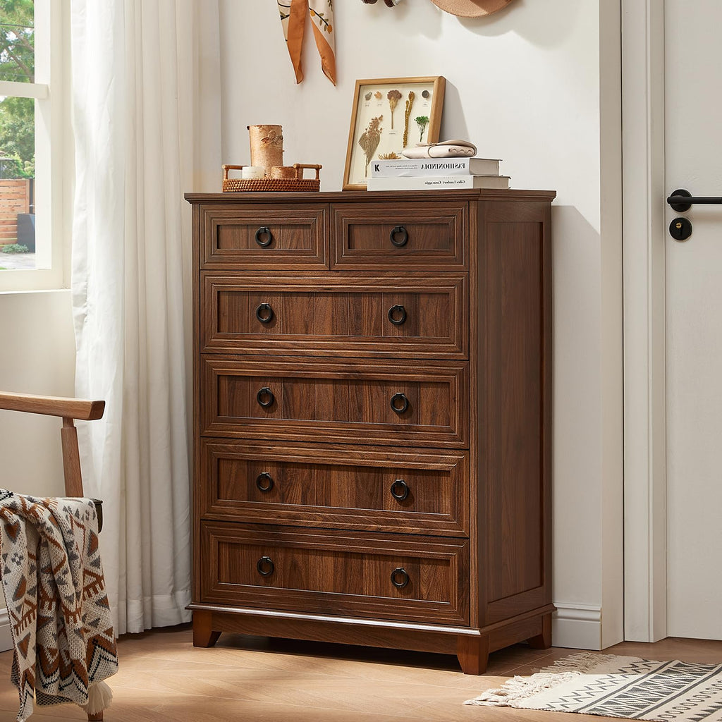 Farmhouse dresser, dark wood tall chest with multiple drawers and round knobs